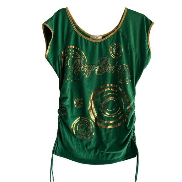 Unbranded Size Large Sexy Girl Top Gold Swirl Design Side Drawstrings Green - Picture 6 of 11